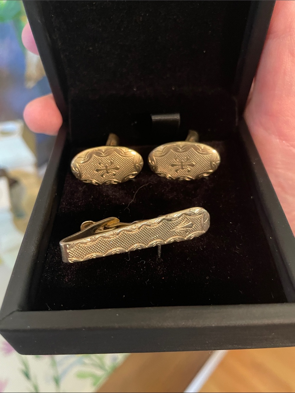 Engraved Gold Cufflink and Tie Bar Set